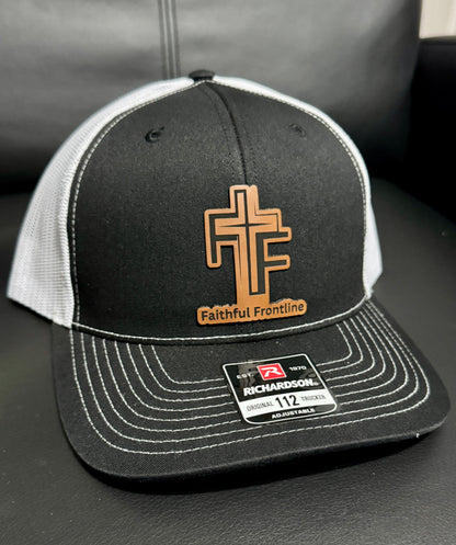 Faithful Frontline Richardson Trucker Hat – Black & White with Leather Faithful Frontline Cross Patch
