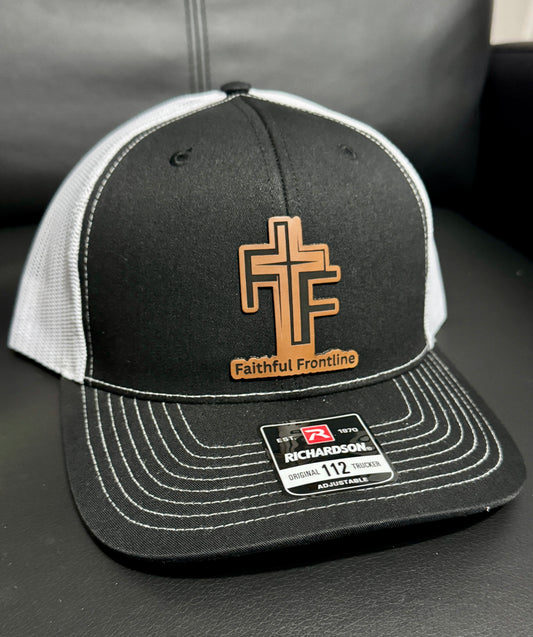 Faithful Frontline Richardson Trucker Hat – Black & White with Leather Faithful Frontline Cross Patch