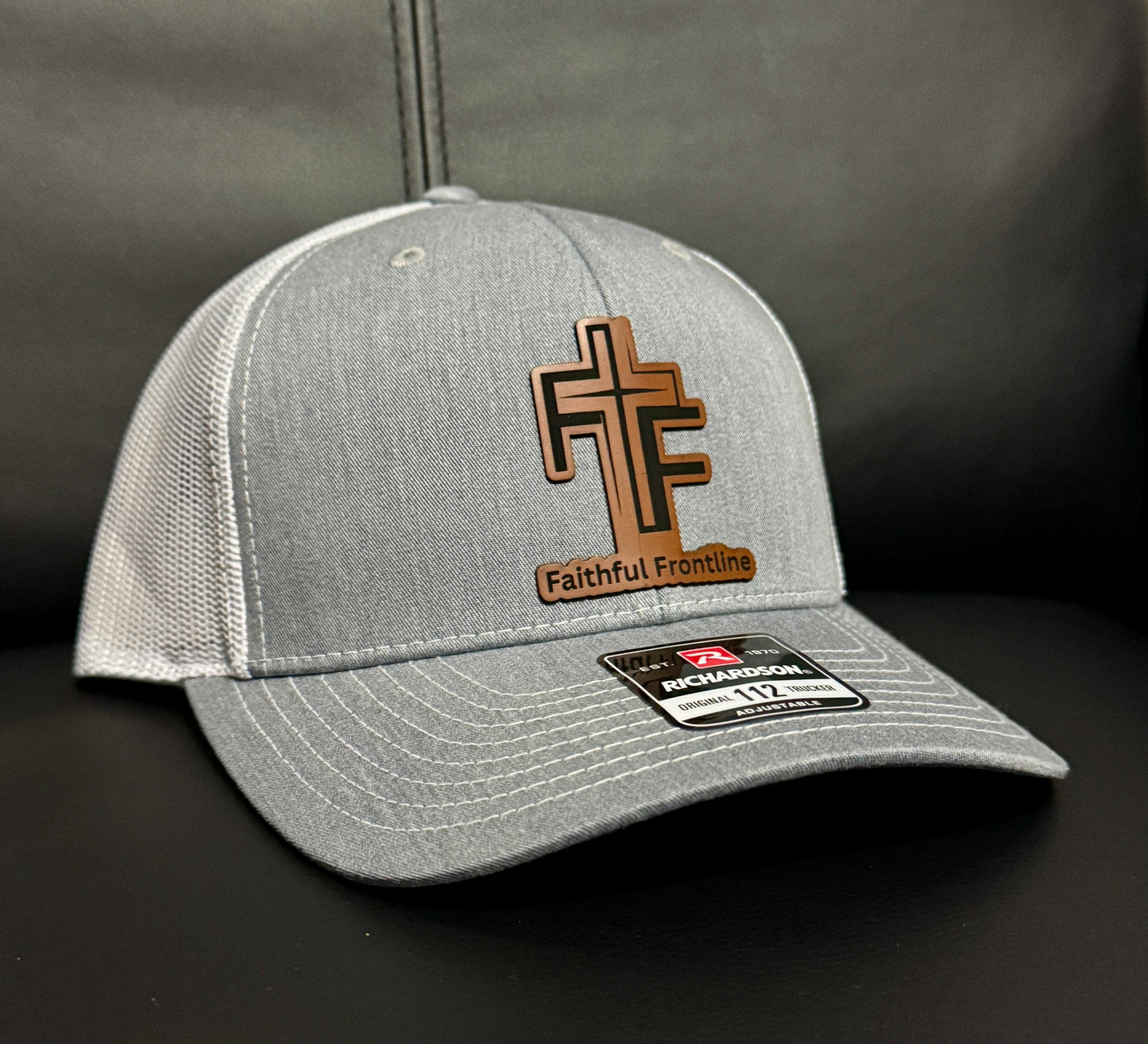 Faithful Frontline Richardson Trucker Hat – Heather Gray & White with Leather Patch