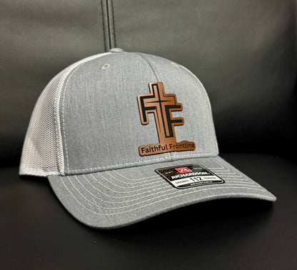 Faithful Frontline Richardson Trucker Hat – Heather Gray & White with Leather Patch