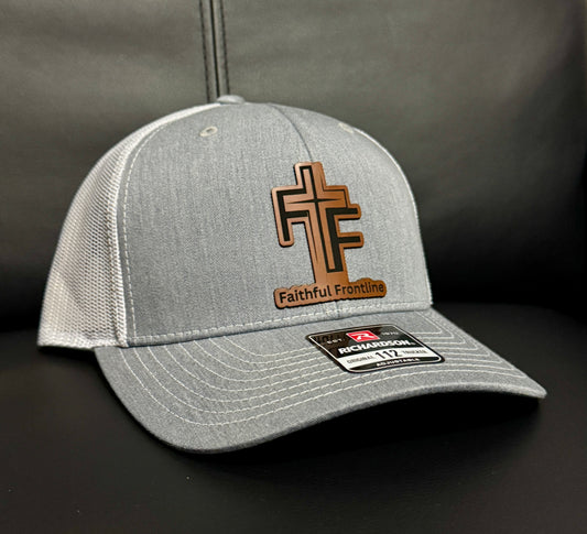 Faithful Frontline Richardson Trucker Hat – Heather Gray & White with Leather Patch